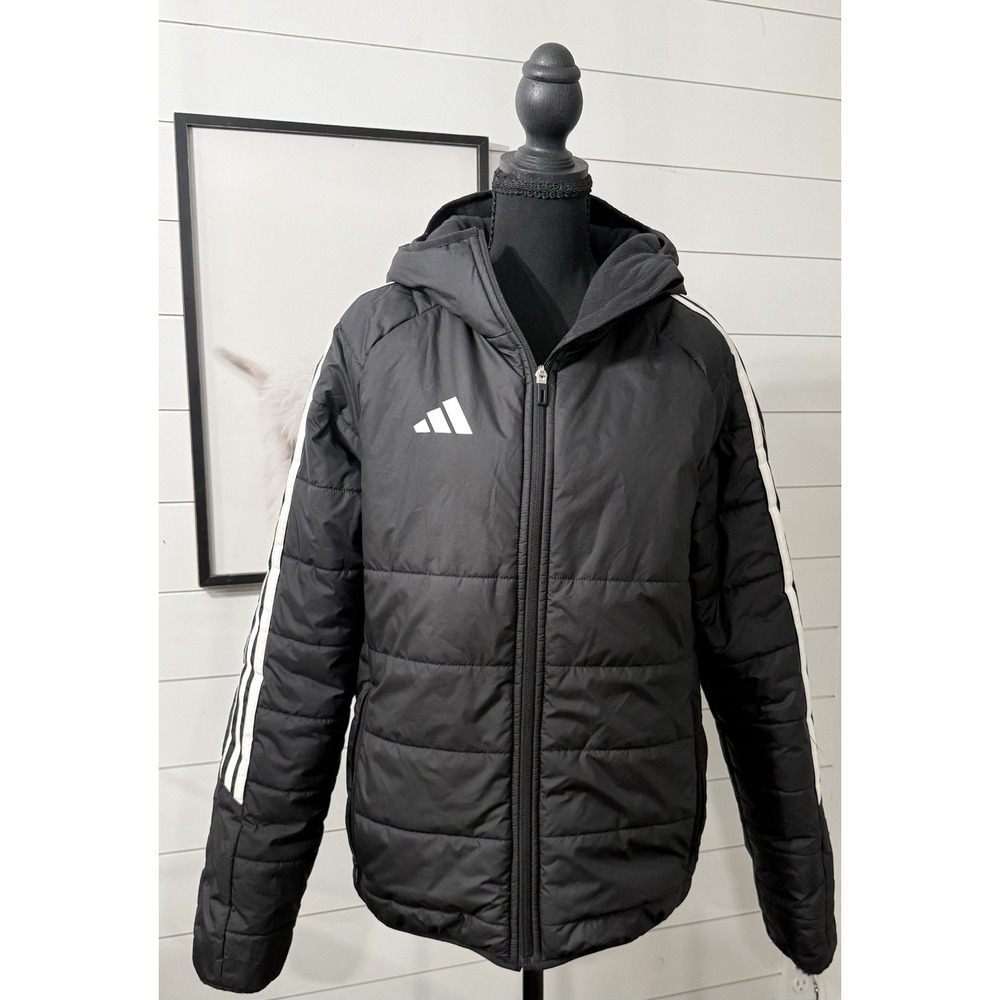 Adidas Women's Puffer Jacket Coat Lightweight Full Sip Hooded Stripe Small